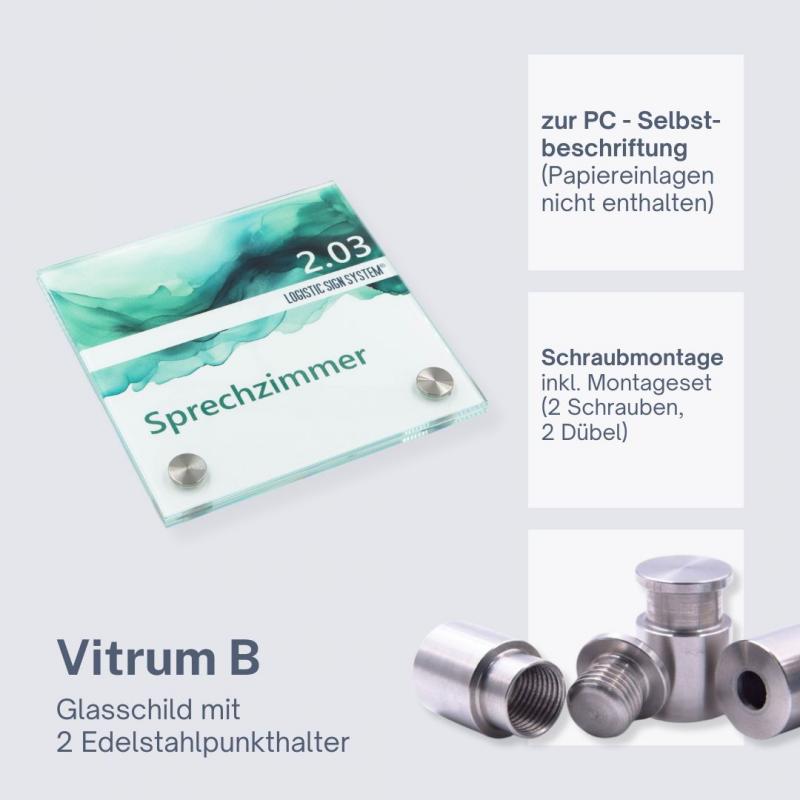 Tuerschild VITRUM B , Glasschild fuer Buero 130 130 mm